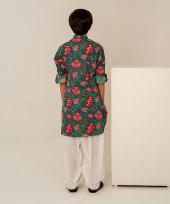 Teal green printed cotton kurta set 4