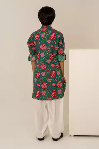 Teal green printed cotton kurta set