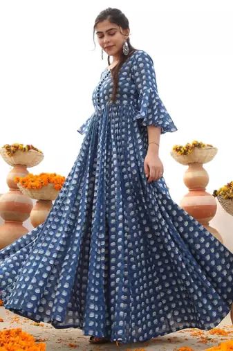 Printed cotton full flaired gown