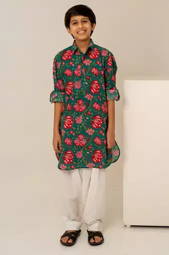 Teal green printed cotton kurta set