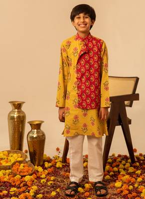 Mustard yellow red printed cotton kurta set 1
