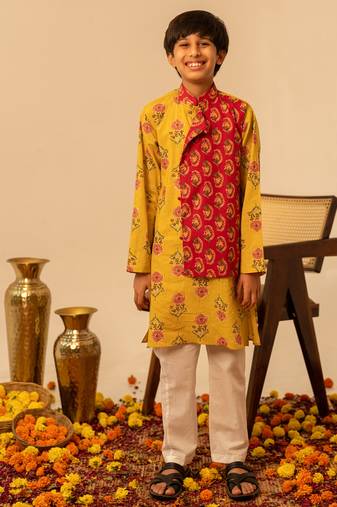 Mustard yellow red printed cotton kurta set