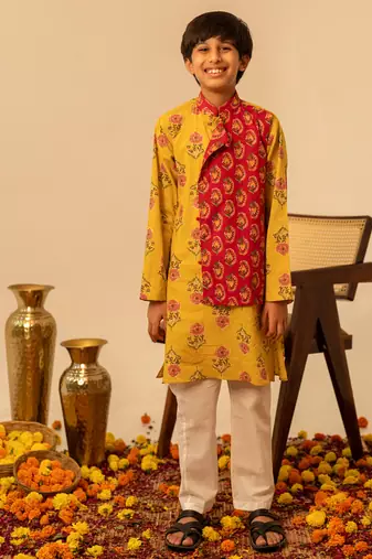 Mustard yellow red printed cotton kurta set