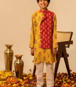 Mustard yellow red printed cotton kurta set