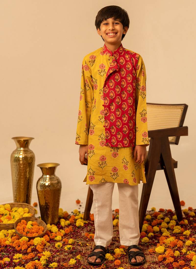 Mustard yellow red printed cotton kurta set