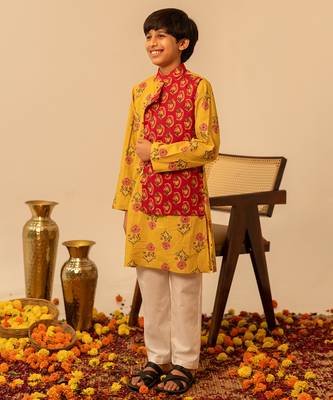 Mustard yellow red printed cotton kurta set 2