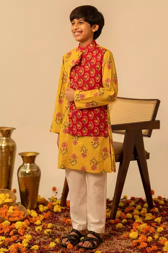 Mustard yellow red printed cotton kurta set