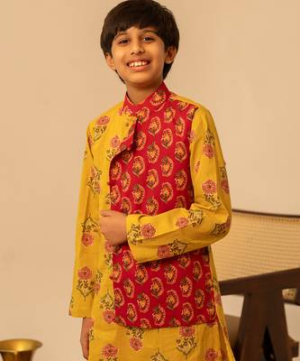 Mustard yellow red printed cotton kurta set 3