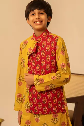 Mustard yellow red printed cotton kurta set