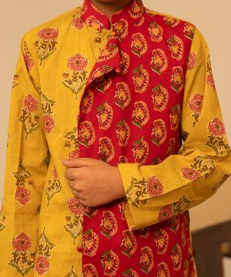Mustard yellow red printed cotton kurta set 4