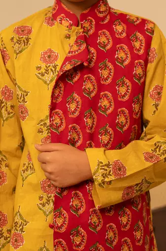 Mustard yellow red printed cotton kurta set
