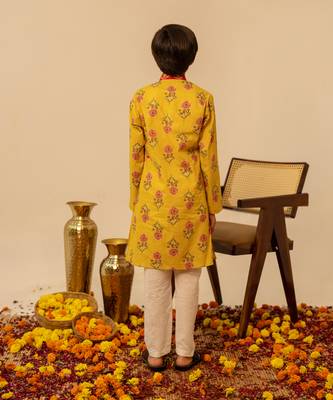 Mustard yellow red printed cotton kurta set 5