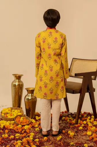 Mustard yellow red printed cotton kurta set