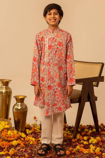Light grey peach printed cotton kurta set
