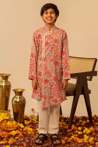 Light grey peach printed cotton kurta set