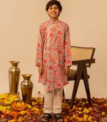 Light grey peach printed cotton kurta set