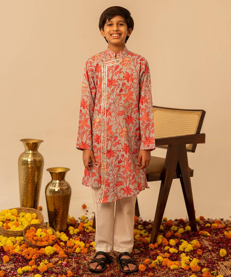 Light grey peach printed cotton kurta set