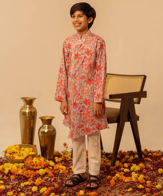 Light grey peach printed cotton kurta set 2