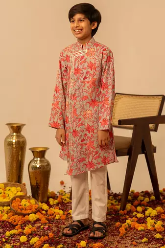 Light grey peach printed cotton kurta set