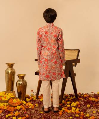 Light grey peach printed cotton kurta set 3