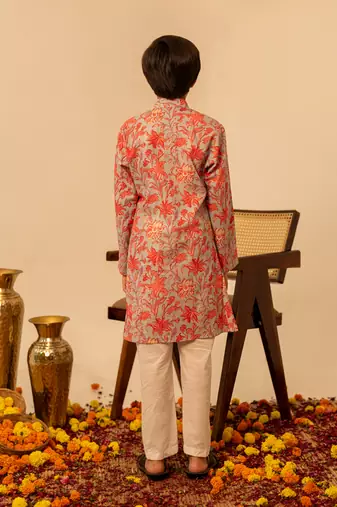 Light grey peach printed cotton kurta set