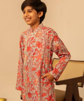 Light grey peach printed cotton kurta set 4