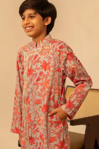 Light grey peach printed cotton kurta set