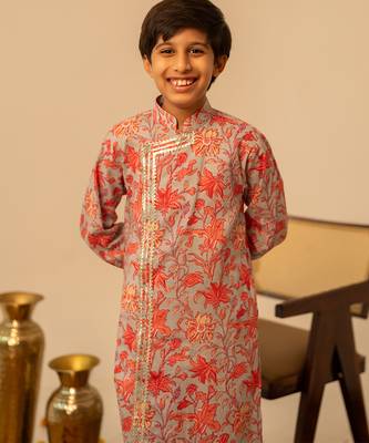 Light grey peach printed cotton kurta set 5