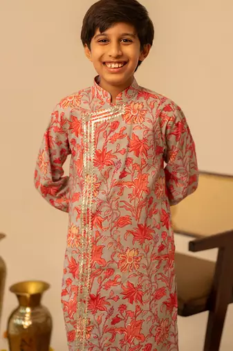 Light grey peach printed cotton kurta set