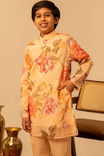 Yellow peach printed muslin kurta set