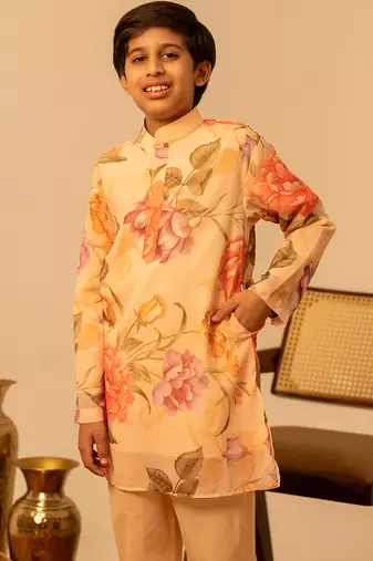 Yellow peach printed muslin kurta set