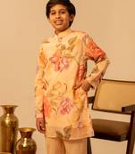 Yellow peach printed muslin kurta set
