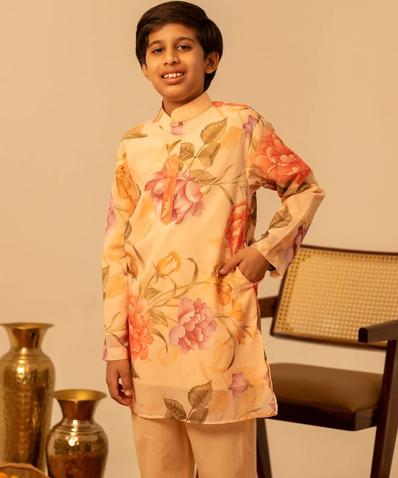 Yellow peach printed muslin kurta set