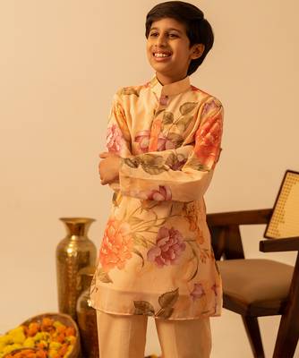 Yellow peach printed muslin kurta set 2