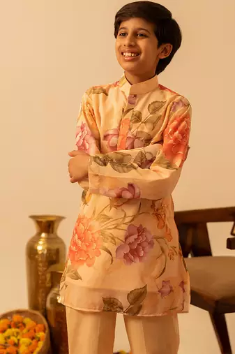 Yellow peach printed muslin kurta set