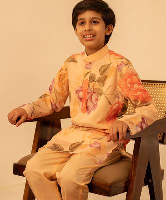 Yellow peach printed muslin kurta set 3