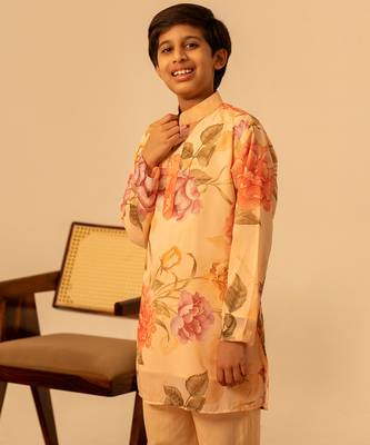 Yellow peach printed muslin kurta set 4