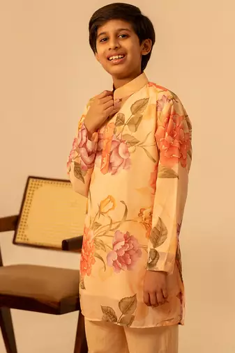 Yellow peach printed muslin kurta set