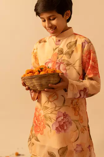 Yellow peach printed muslin kurta set