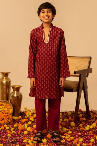 Maroon block printed cotton kurta set