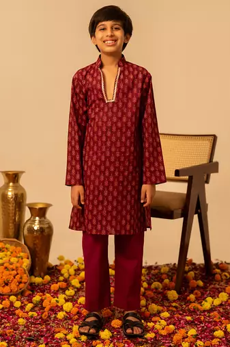 Maroon block printed cotton kurta set