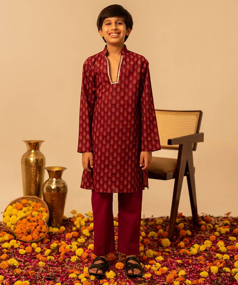 Maroon block printed cotton kurta set