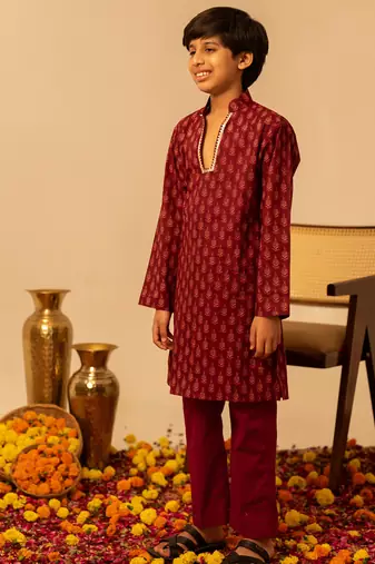 Maroon block printed cotton kurta set
