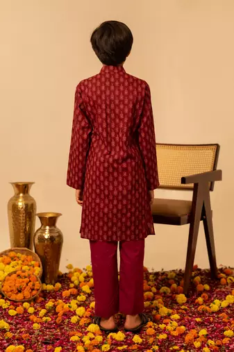 Maroon block printed cotton kurta set