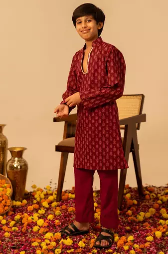 Maroon block printed cotton kurta set