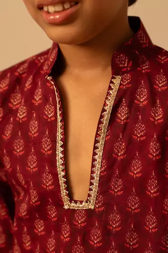 Maroon block printed cotton kurta set