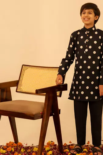 Jet black dot printed cotton kurta set