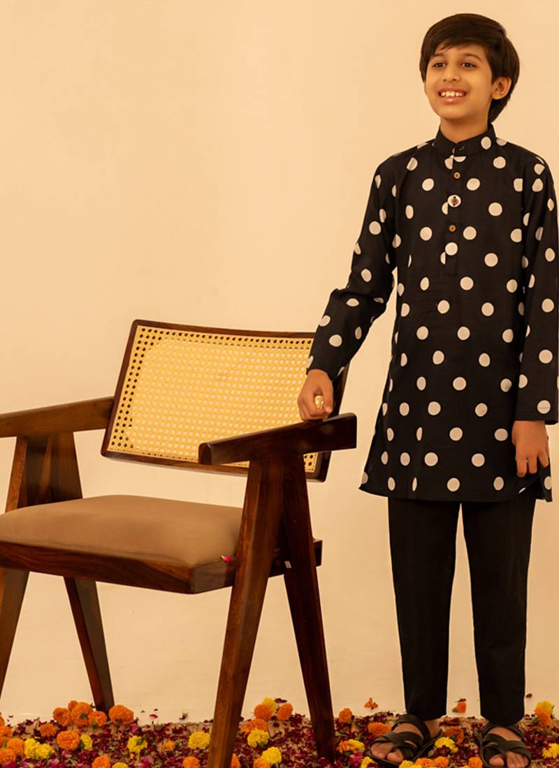 Jet black dot printed cotton kurta set