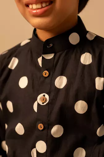 Jet black dot printed cotton kurta set