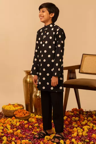 Jet black dot printed cotton kurta set